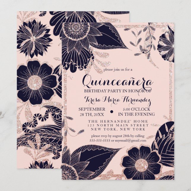 Rose Gold Navy Pink Floral Glitter Quinceañera Invitation (Front/Back)