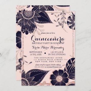 Rose Gold Navy Pink Floral Glitter Quinceañera Invitation