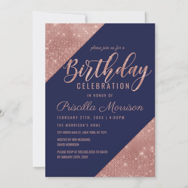 Rose Gold Navy Sparkling Glitter Sequin Birthday Invitation (Front)
