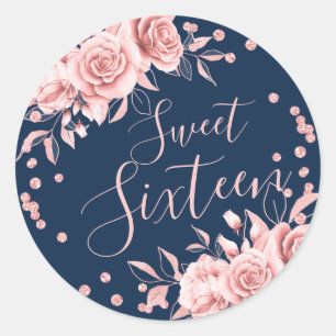 Rose Gold Navy Sweet 16 Birthday Floral Glitter Classic Round Sticker