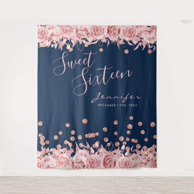 Rose Gold Navy Sweet 16 Glitter Confetti Floral Tapestry (Front)