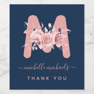 Rose Gold Navy Thank you Floral Monogram Wine Label