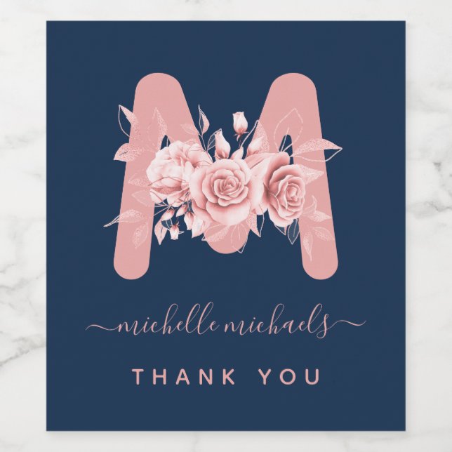 Rose Gold Navy Thank you Floral Monogram Wine Label (Single Label)