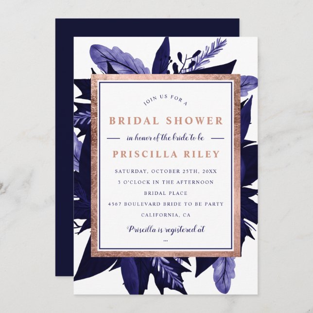 Rose gold navy watercolor floral bridal shower invitation (Front/Back)