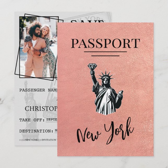 Rose Gold New York City Passport Save The Date (Front/Back)