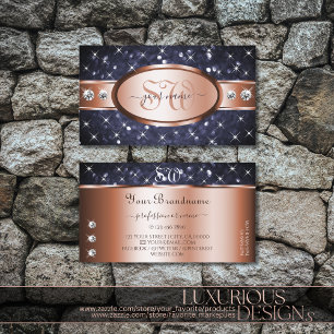 Rose Gold Ocean Blue Glitter Diamonds and Initials Business Card