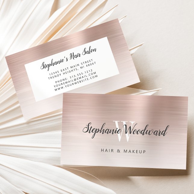 Rose Gold Ombre Brushed Metal Monogram Hair Salon Business Card (Creator Uploaded)