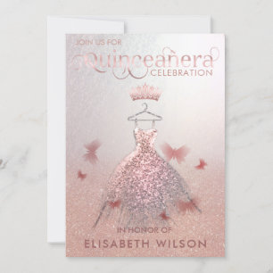 Rose gold ombre butterfly tiara Quinceañera Invit Invitation