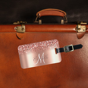 Rose Gold Ombre Glitter Metal Monogram Luggage Tag