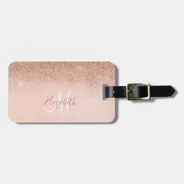 Rose Gold Ombre Glitter Monogram Luggage Tag (Front Horizontal)
