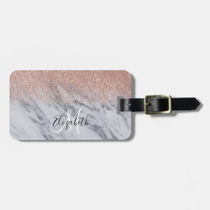 Rose Gold Ombre Glitter Monogram Marble Luggage Tag