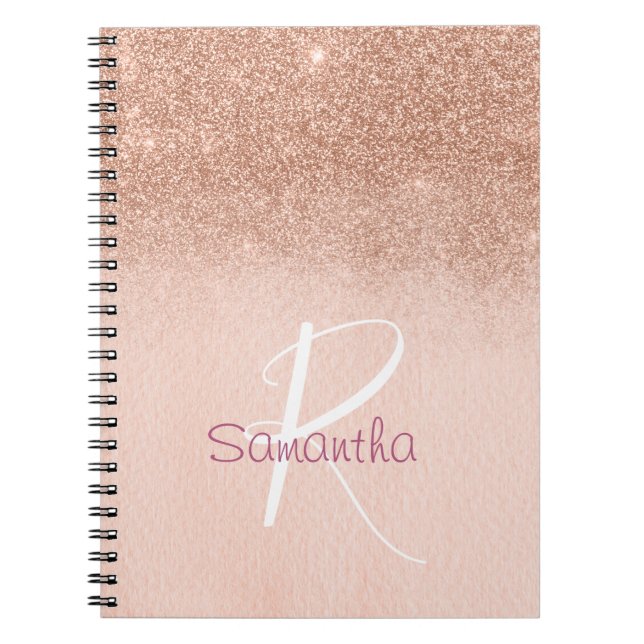 Rose Gold Ombre Glitter Monogrammed Notebook (Front)