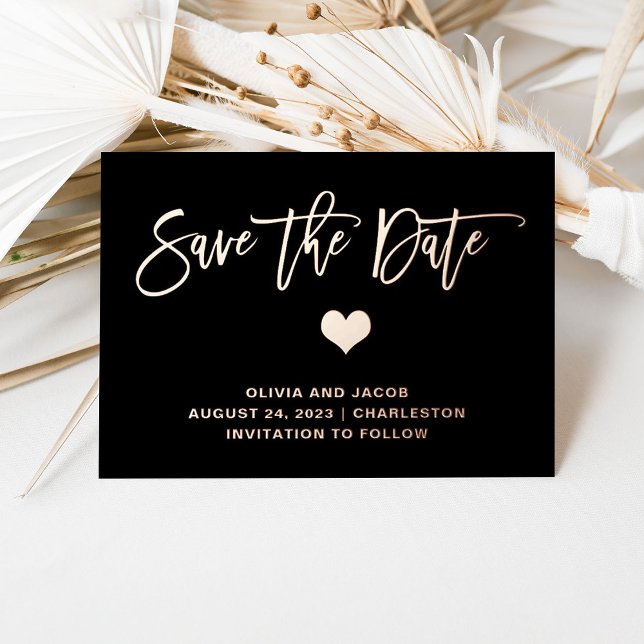 Rose Gold on Black with Heart | Save the Date Foil Invitation Postcard (Creator Uploaded)
