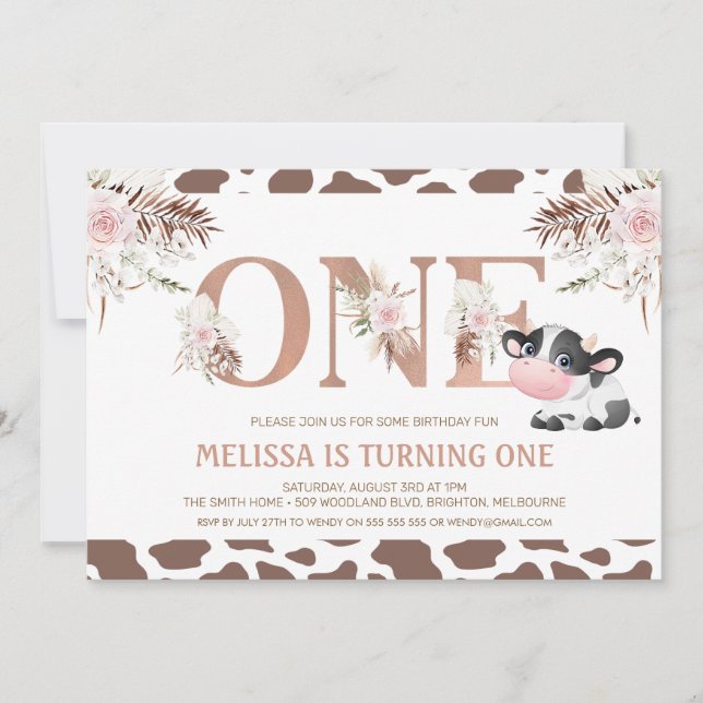 Rose Gold One Floral Cow 1st Birthday Invitation (Front)
