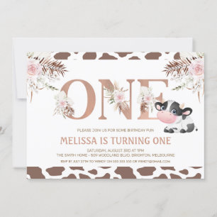 Rose Gold One Floral Cow 1st Birthday Invitation