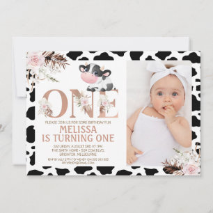 Rose Gold One Photo Floral Cow 1st Birthday Invitation