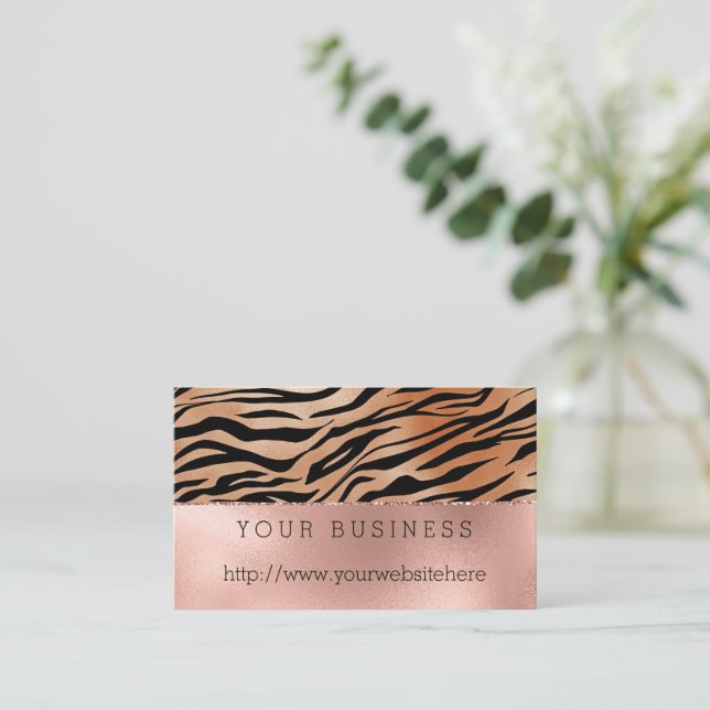 Rose Gold Orange Black Tiger Print Business Card (Standing Front)