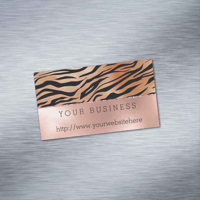 Rose Gold Orange Black Tiger Print Magnetic Business Card (In Situ)
