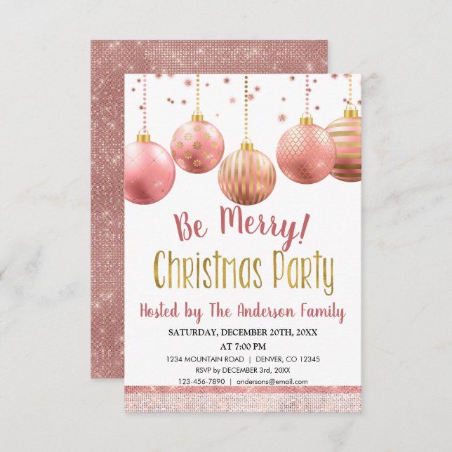 Rose Gold Ornament Christmas Holiday Dinner Party Invitation (Front/Back)