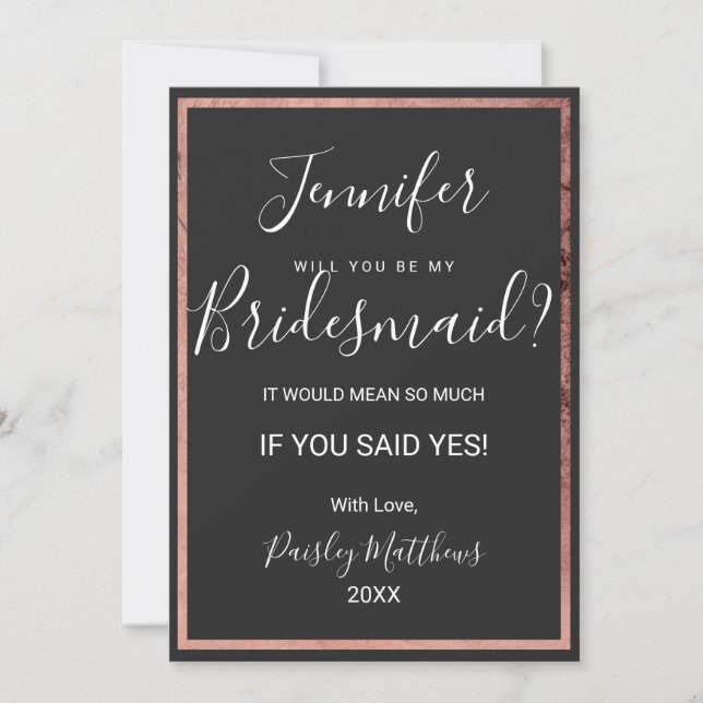 Rose Gold Outline Border Black Wedding Bridesmaid Invitation (Front)