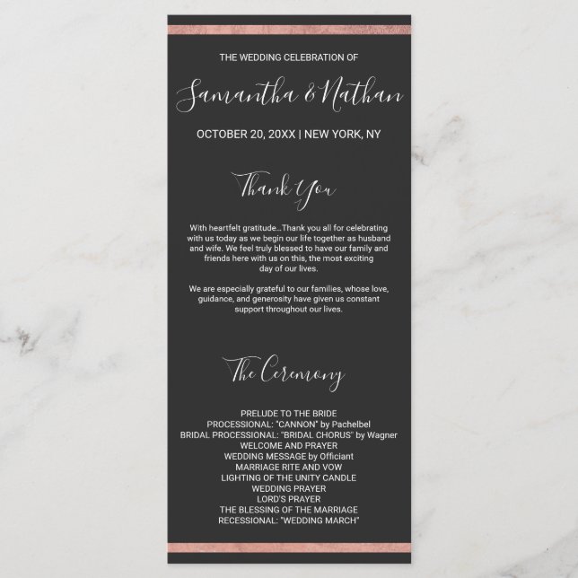 Rose Gold Outline Border Simple Black Wedding Program (Front)