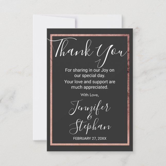 Rose Gold Outline Border Simple Black Wedding Thank You Card (Front)