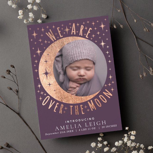 Rose Gold Over the Moon Photo Birth Announcement  (Creator Uploaded)
