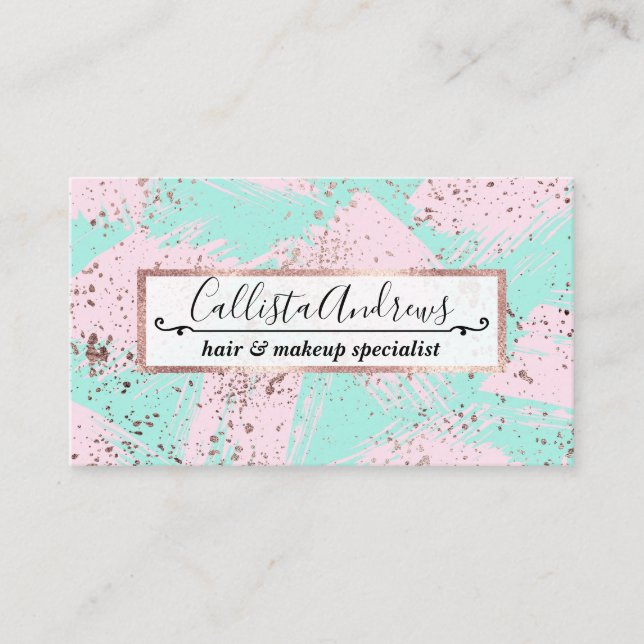 Rose Gold Paint Splatter Blush Pink Brushstrokes Business Card (Front)