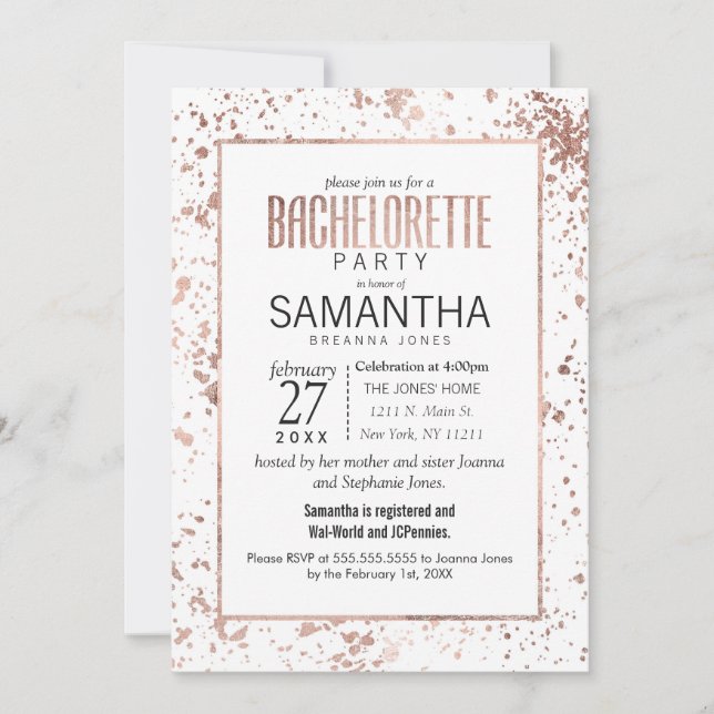 Rose Gold Paint Splatters Bachelorette Party Invitation (Front)