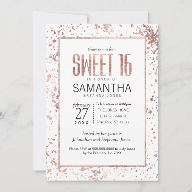 Rose Gold Paint Splatters Sweet 16 Invitations (Front)