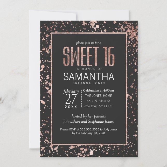 Rose Gold Paint Splatters Sweet 16 Invitations (Front)