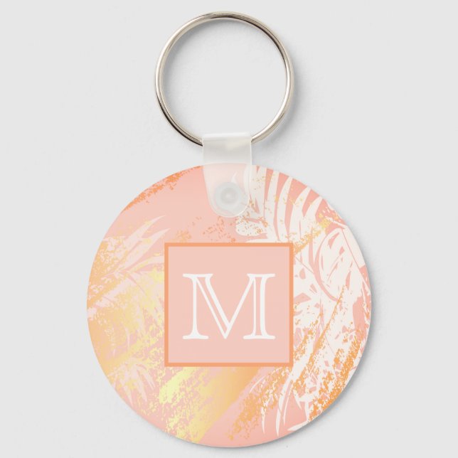Rose gold palm foliage leaves monogram key ring (Front)
