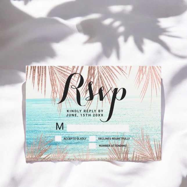 Rose gold palm tree beach photo RSVP wedding Invitation (Rose gold palm tree beach photo RSVP wedding Invitation)