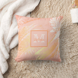 Rose gold palm tree foliage monogram cushion