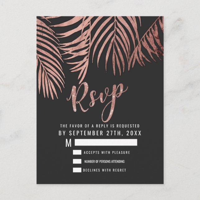 Rose Gold Palm Tree Fronds Black Modern RSVP Postcard (Front)