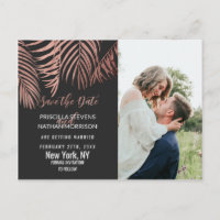Rose Gold Palm Tree Fronds Black Modern Save Date