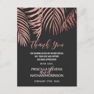 Rose Gold Palm Tree Fronds Black Modern Thank You Postcard