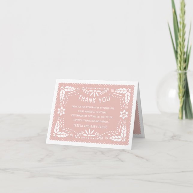 Rose gold papel picado Baby Shower Mexican style Thank You Card (Front)