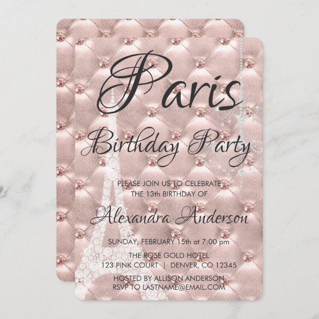 Rose Gold Paris Blush Pink Birthday Party Invitation (Front/Back)