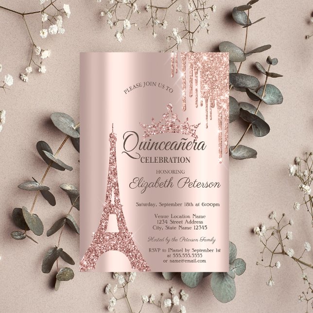 Rose Gold Paris Eiffel Tower,Drips Quinceañera Invitation (Creator Uploaded)