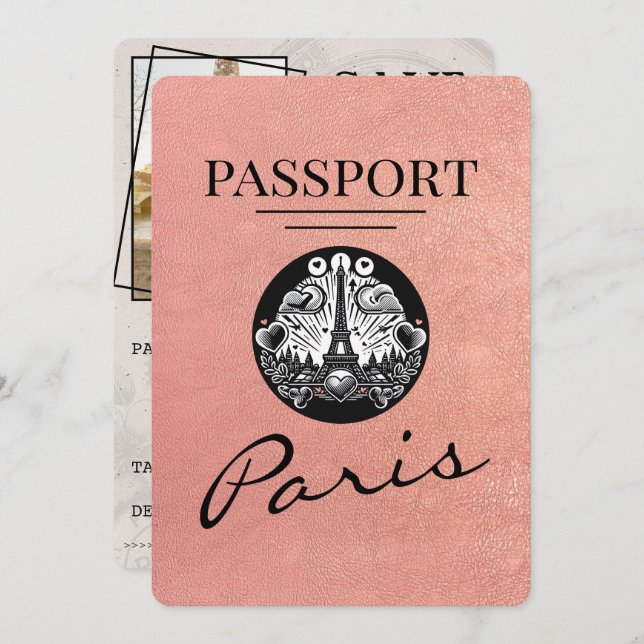 Rose Gold Paris Passport Save The Date (Front/Back)