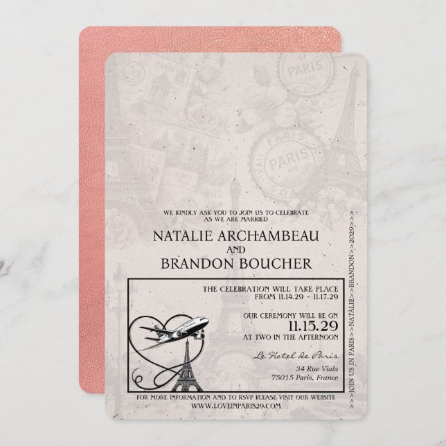 Rose Gold Paris Passport Wedding Invitation (Front/Back)