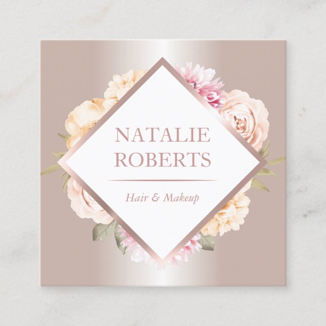 Rose Gold Pastel Floral Makeup Artist Hair Salon Square Business Card (Front)