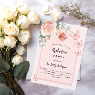 Rose gold peach floral arch Graduation Party Invitation