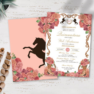Rose Gold Peach Floral Charro Ranch Quinceañera Invitation