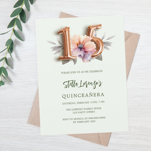 Rose gold peach floral green Quinceanera Invitation Postcard (Creator Uploaded)