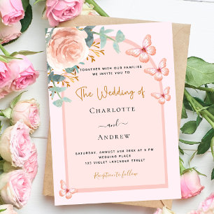 Rose gold peach floral greenery arch wedding invitation