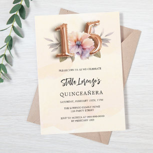 Rose gold peach floral Quinceanera luxury Invitation