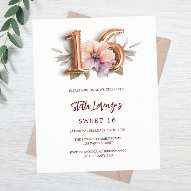 Rose gold peach floral Sweet 16 budget invitation (Creator Uploaded)
