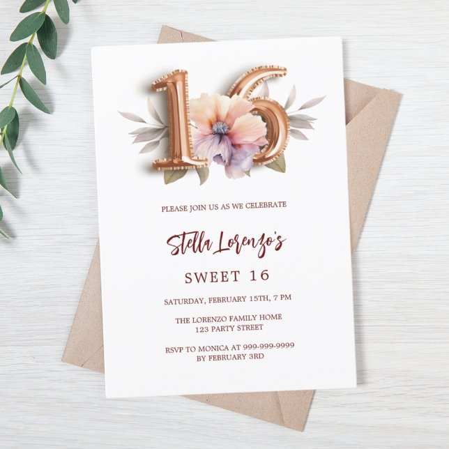 Rose gold peach floral Sweet 16 Invitation (Creator Uploaded)